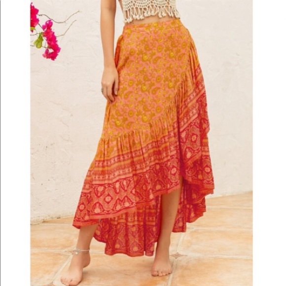Boho Orange Ruffle Hem Maxi Skirt - Picture 3 of 6